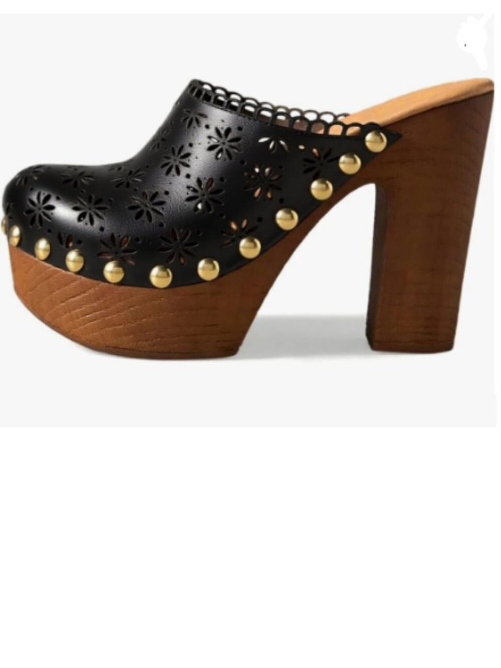 FOWT Black Studded Round Toe Floral Cut Out Platform Mules Chunky Heel Sandals